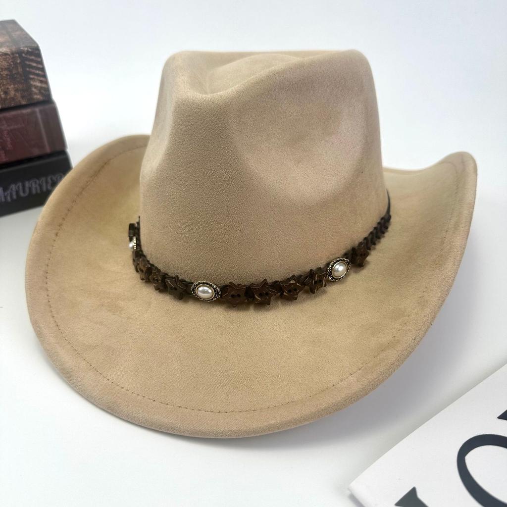 Western Cowboy Hat Women'S Wool British Suede Pearl Accessories Peach Heart Top Hat