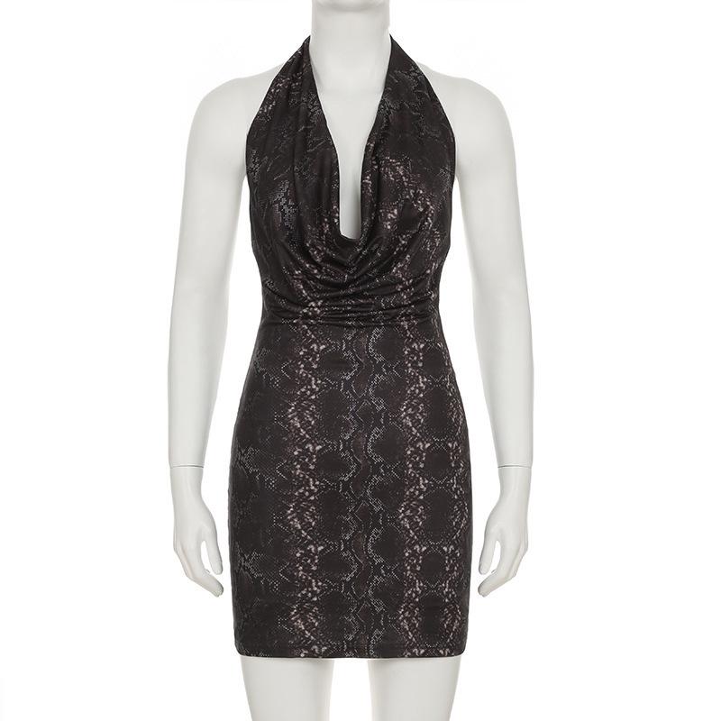 European & American Sexy Animal Print Halter Neck Bodycon Dress