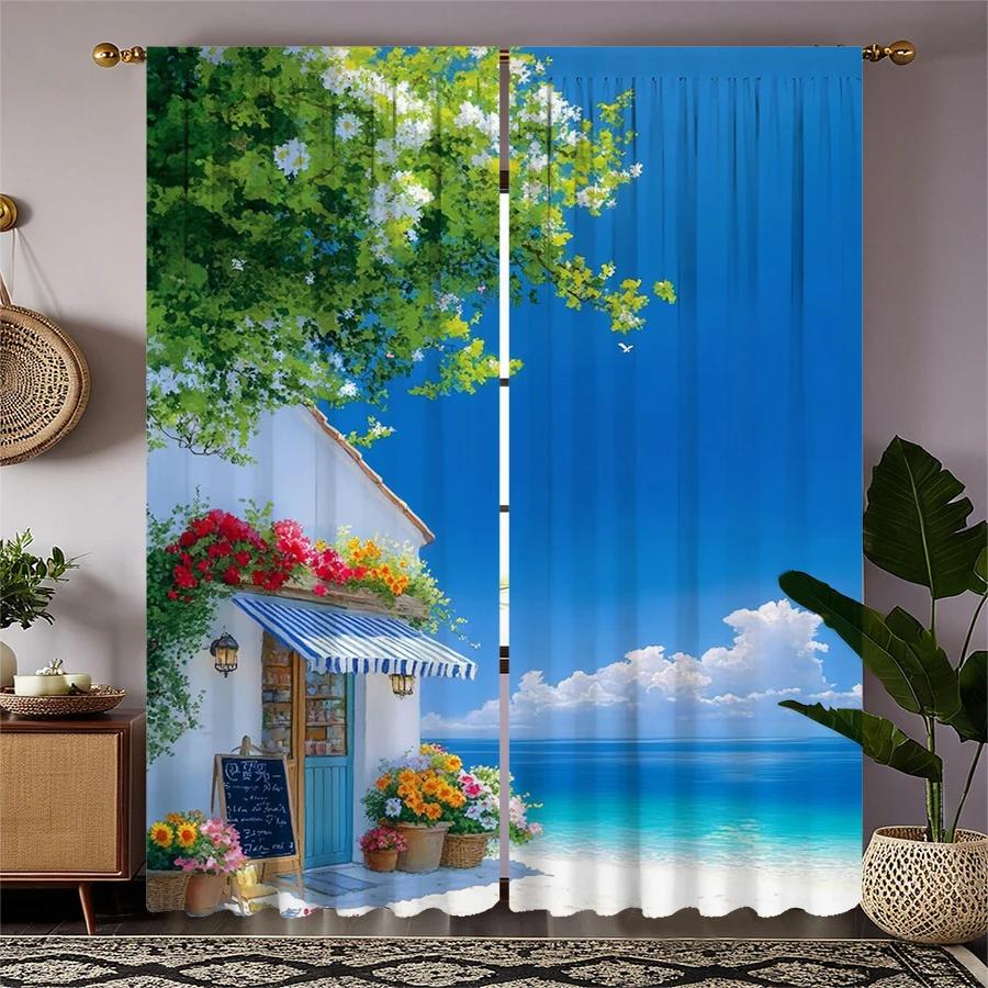 2pcs- Sea-view Room Landscape Printed Curtains   Pole Bag Curtains   Christmas Decorations   Home Decorations   Room Decorations