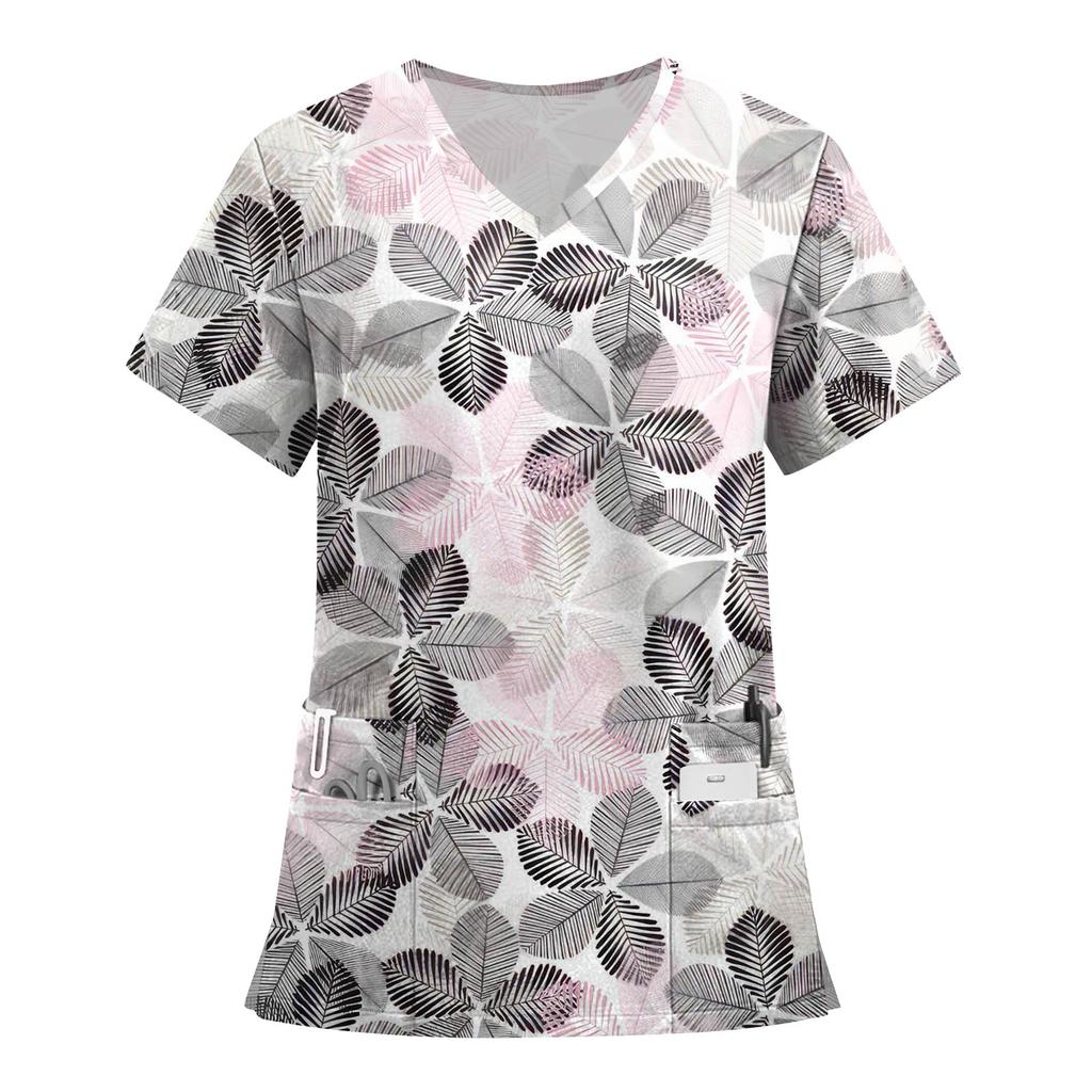 Women's Fashion Printed Short Sleeve V Neck Pattern Tops Pocket Working T-shirts