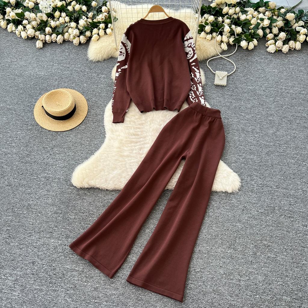 Autumn Winter Women Casual Print Knitted Sweater Trouser Two Piece Set Single Breasted Jacket Tops and Drawstring Pant Tracksuit
