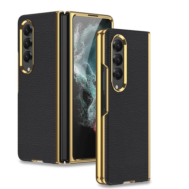 Luxury Electroplated Surface Plain Leather Phone Case For Samsung Galaxy Z Fold 4 Hard Slim Shockproof Back Cover