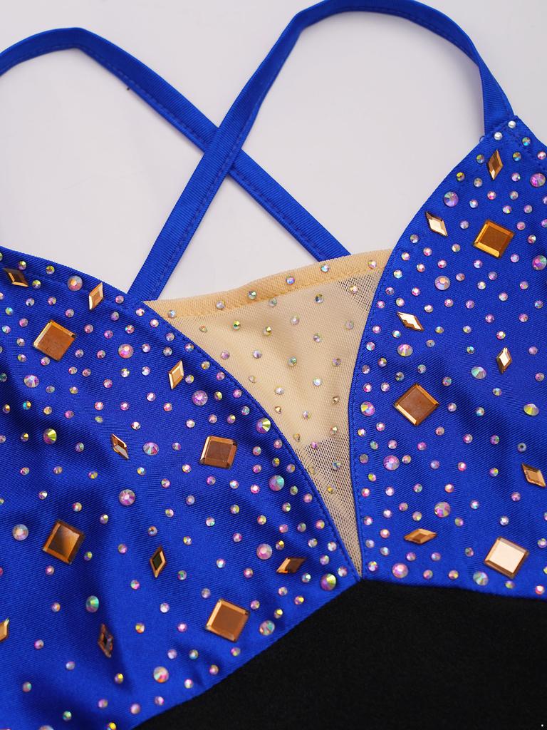 Cross Back Spaghetti Straps Girls Dance Dress Color Block Sparkly Rhinestones for Figure Skating