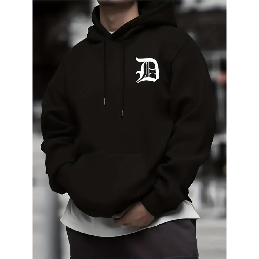 Men s Trendy Graphic Print Polyester Hoodie Fleece Lined Elastic Cuff Windproof Fall Winter Streetwear Top S