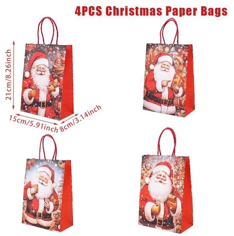 4PCS Christmas Gift Bag Kraft Paper Bags Merry Christmas Decoration 2024 For Home Cristmas Navidad New Year Gifts Packing Bags