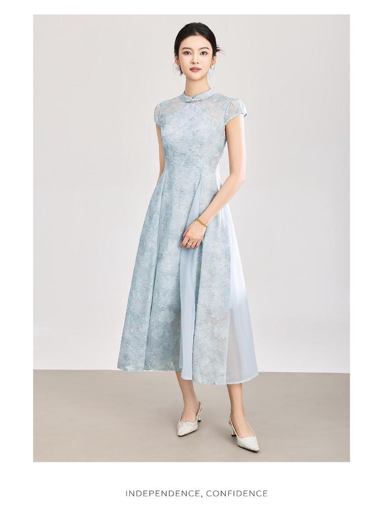 Abito Qipao in Organza Patchwork di Pizzo Burnout 3D Stile Cinese Nuovo Nanyou con Vita Stretta
