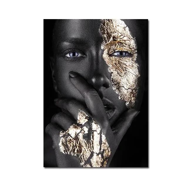 African Women Canvas Painting Black Gold Woman Poster and Prints Scandinavian Wall Art Picture for Home Decor Living Room Mural