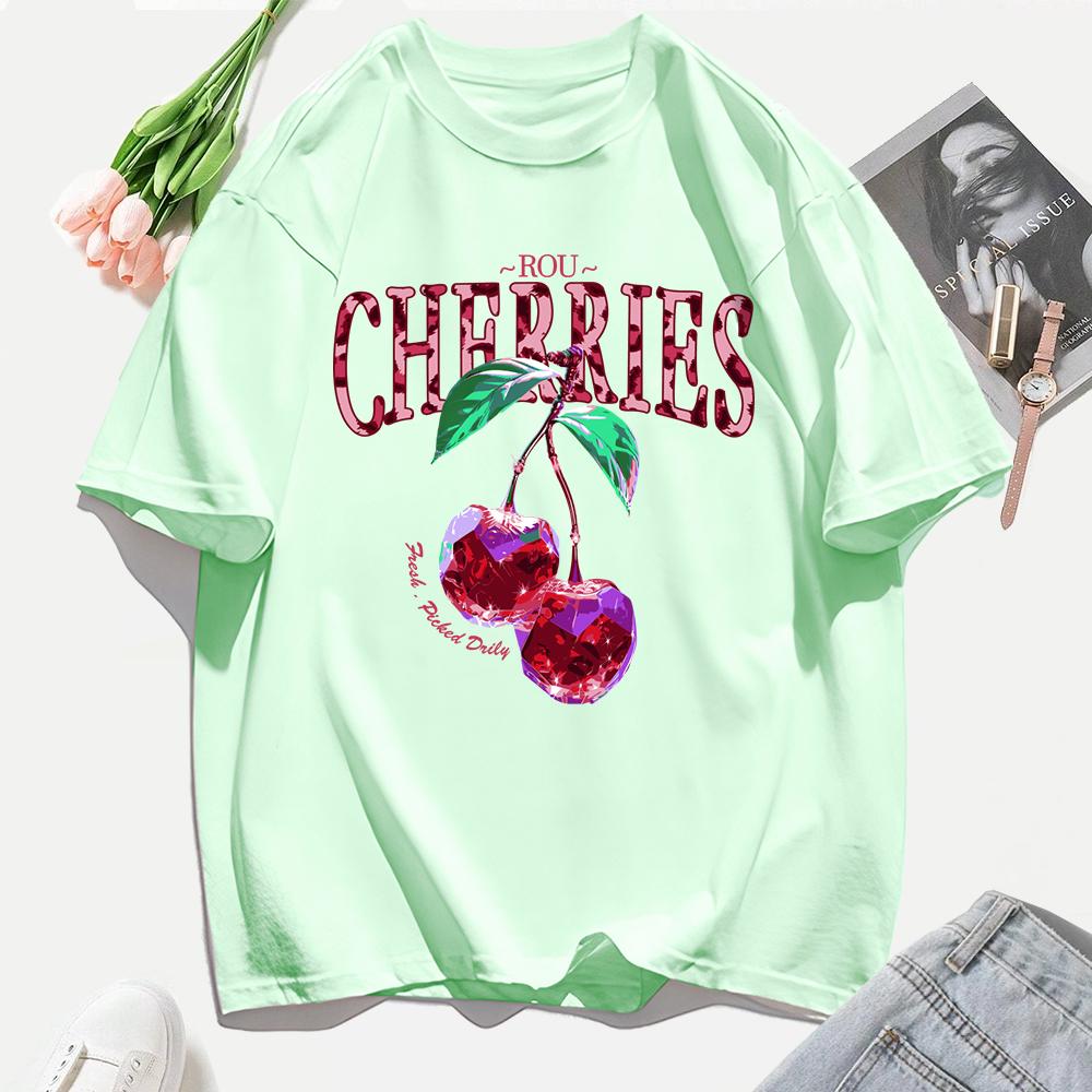 Crystal Cherries Printing Tee Shirt Woman Summer Cotton Tee Tops O-Neck Casual T Shirts Oversized All-Match Short Sleeve