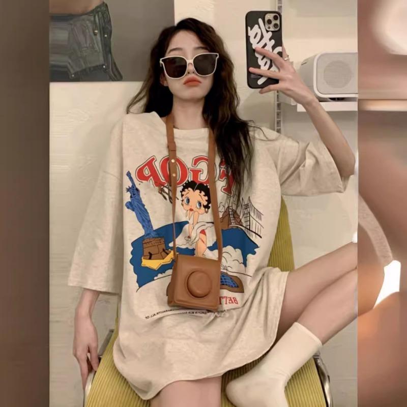 

Летняя мода Уличный стиль Хипстерский принт Хлопковая футболка Женская с коротким рукавом Харадзюку Y2K Пуловер Футболка Топ 6XL серый