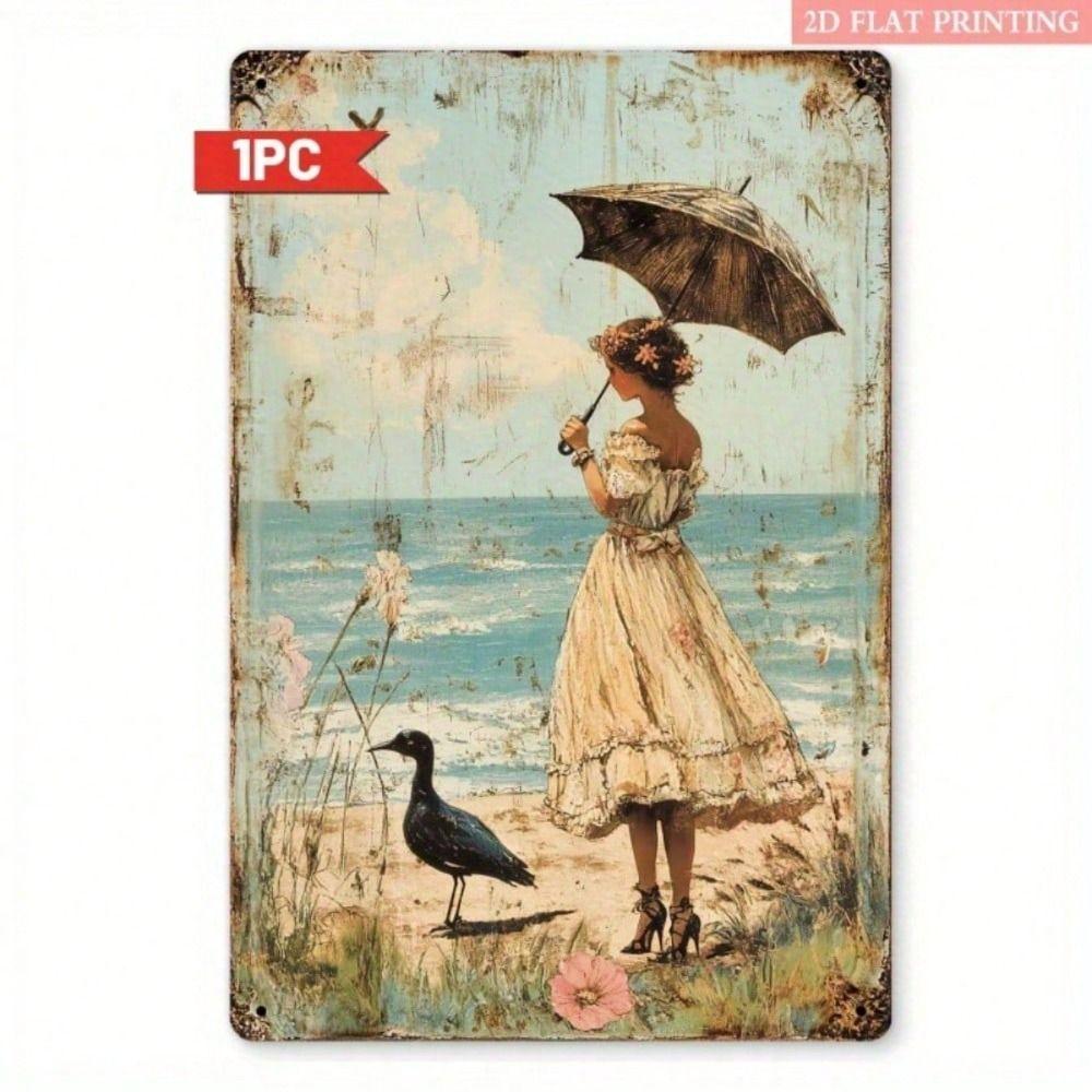 Vintage Lady with Umbrella Metal Poster Wall Art Turquoise Gold