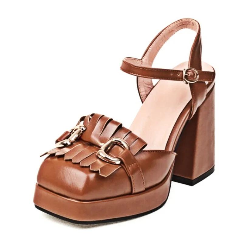 Luxury Designer Leather Women Sandals Metal Buckle Strap Chunky High Heels for Women Summer Ankle Strap Elegant Platform Sandals
