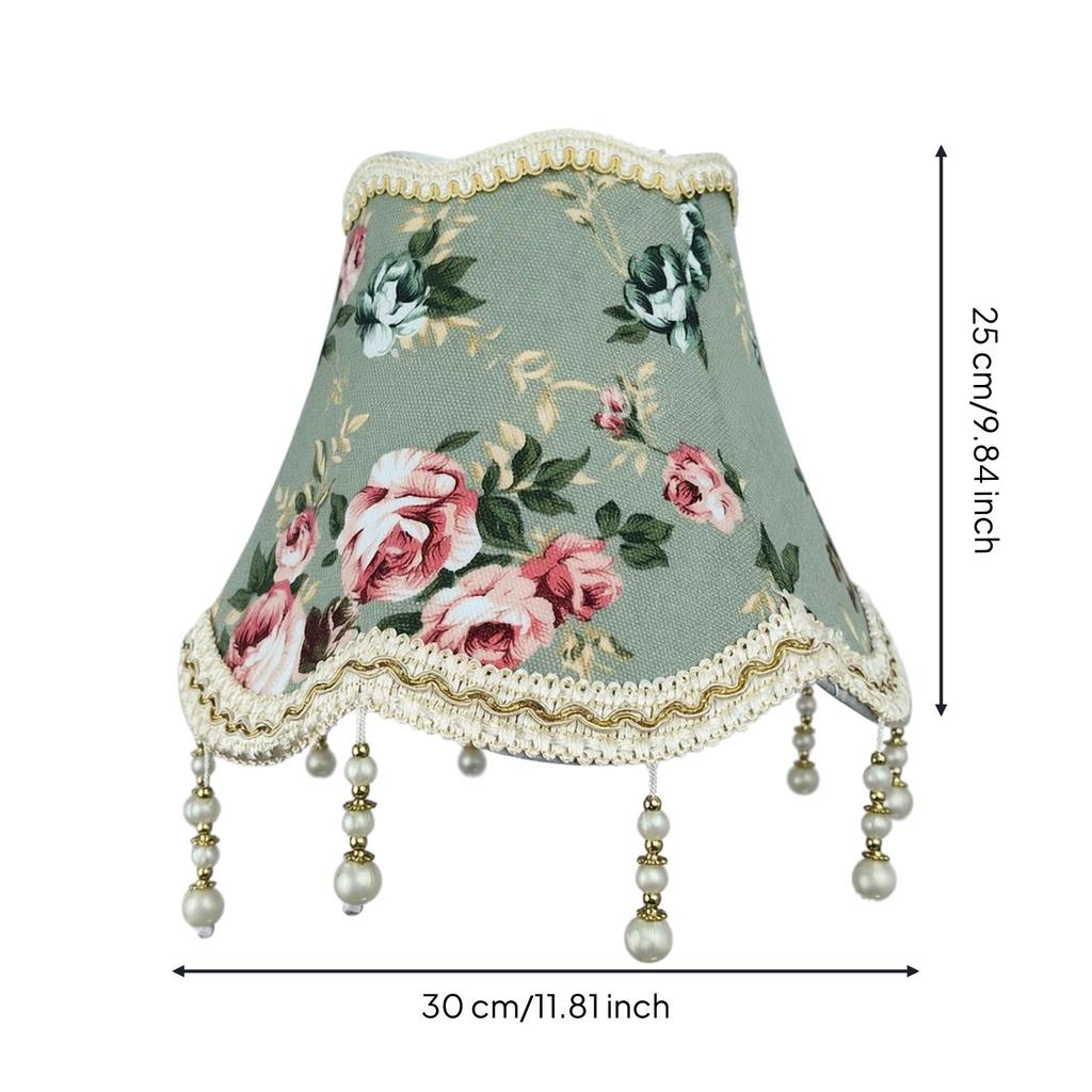 Floral Jacquard Lampshade Light Green with Hanging Bead Ornaments Tapered for Bedside