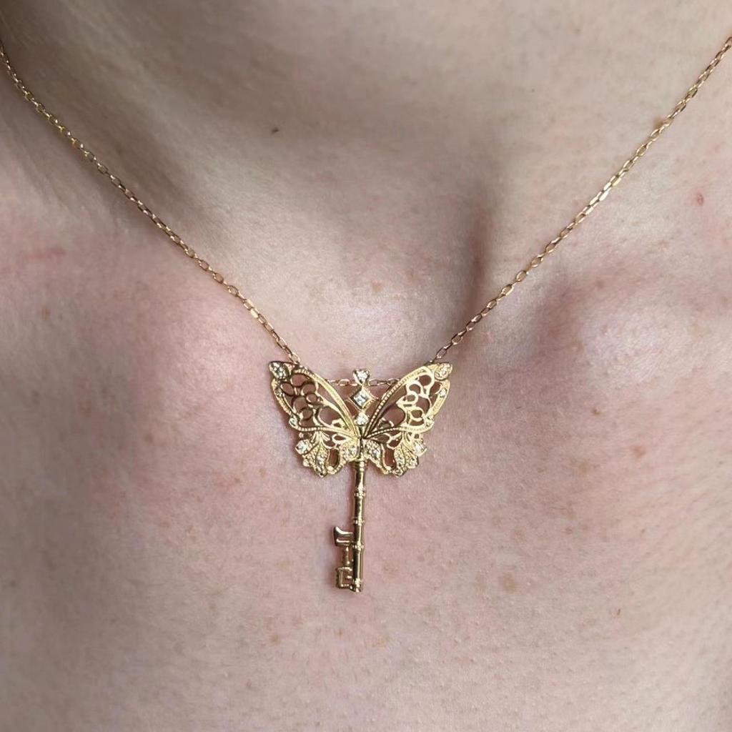 18k Gold Plated Butterfly Key Necklace: Elegant French Hollow Design for Women