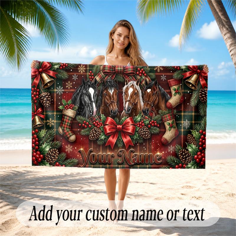 Christmas Theme Quick Dry Beach Towel Custom Name Text Print Large Sand Resistant Towel Beach Vacation