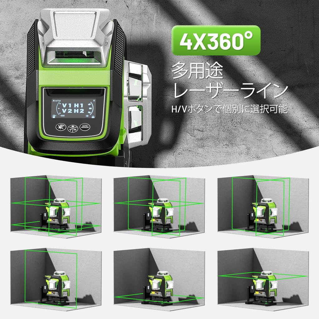 Huepar HX04CG Laser 4D Green Line Level with LCD Pulse 4 Levels of Laser Brightness 4x360 Cross Lines Includes Magnetic Base and Hard Case Gift for