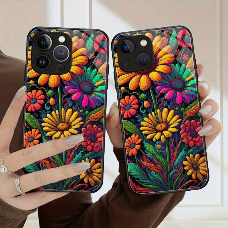 Colorful Flowers Pattern Tempered Glass Phone Case For Samsung Galaxy S23 S24 S25 S26 Ultra Plus FE Shockproof Cover