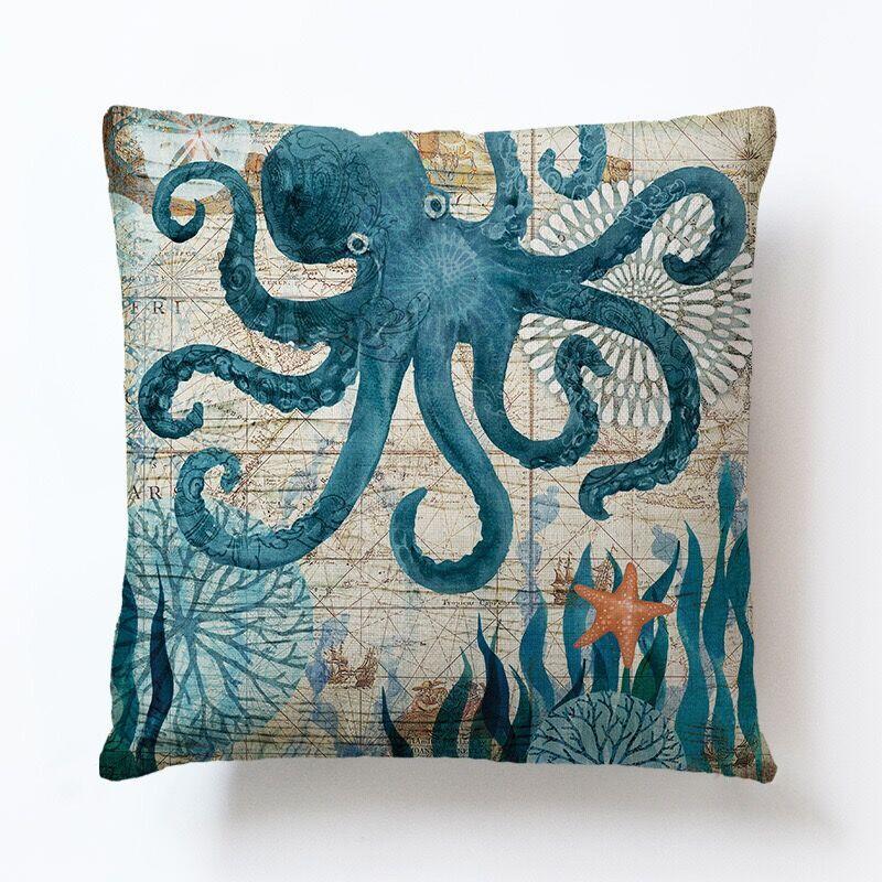 Marine Creatures Sea Horse Turtle Whale Octopus Linen Cushion Cover Pillow Cover