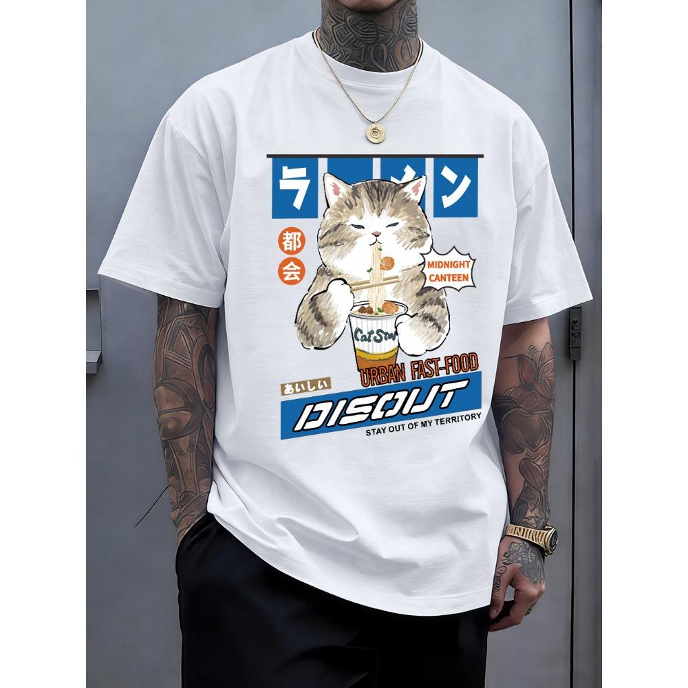

Cat Eating Noodles Prints Cotton T-Shirts Men Summer Oversized O-Neck T Shirt Short Sleeve Comfortable Soft Tops Clothes S