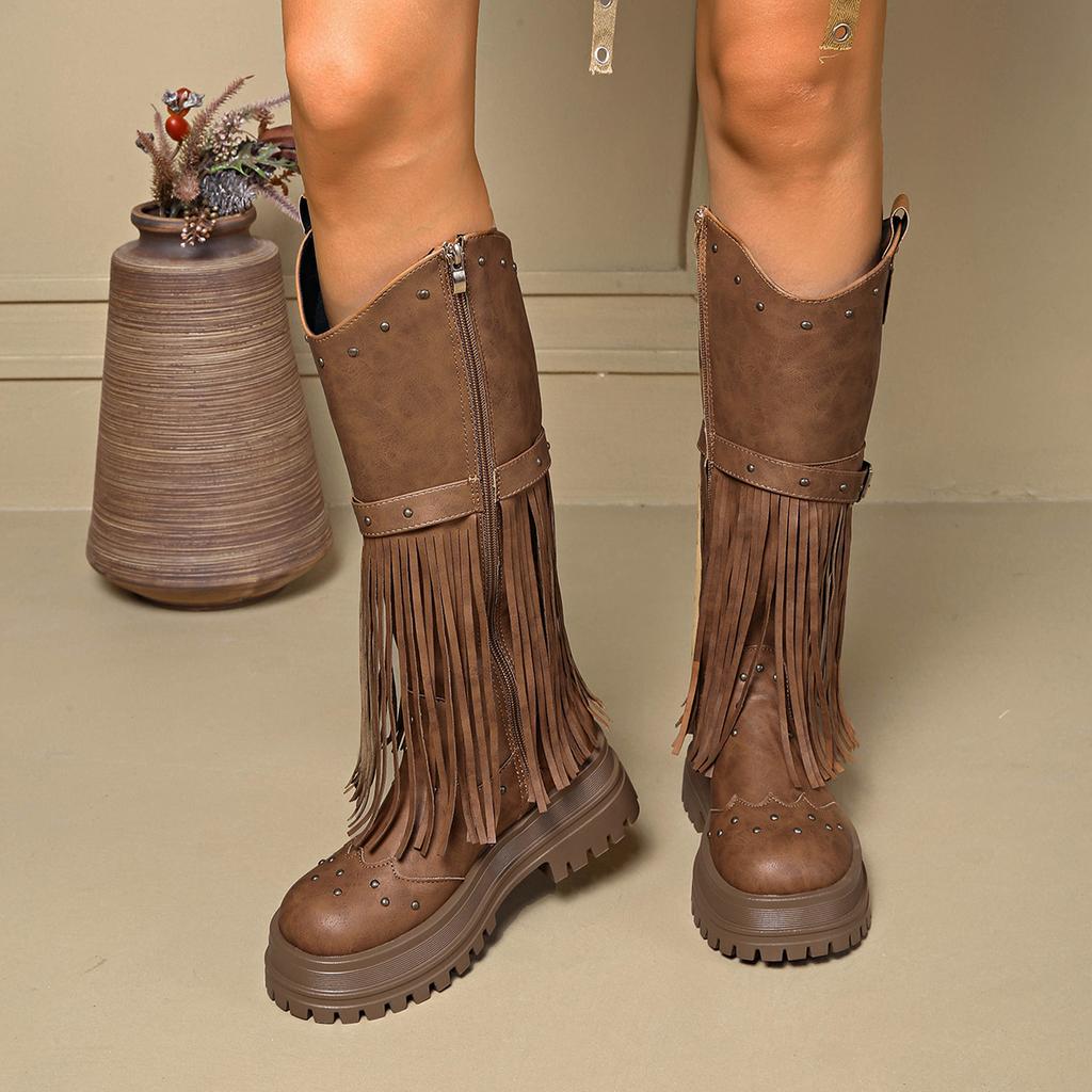 2025 Autumn and Winter Europe and the United States New Belt Buckle Knight Boots Rivet Belt Buckle Foreign Trade Large Size Medium Boots