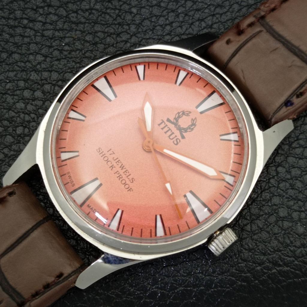 HAND-WINDING VINTAGE TITUS SWISS MENS REFURBISHED PEACH DIAL WATCH A500064-2 R151a-a500064
