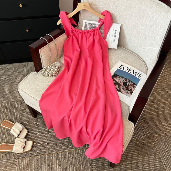 New holiday style lace-up suspender dress women's summer loose and thin A-shaped skirt blue medium and long skirt