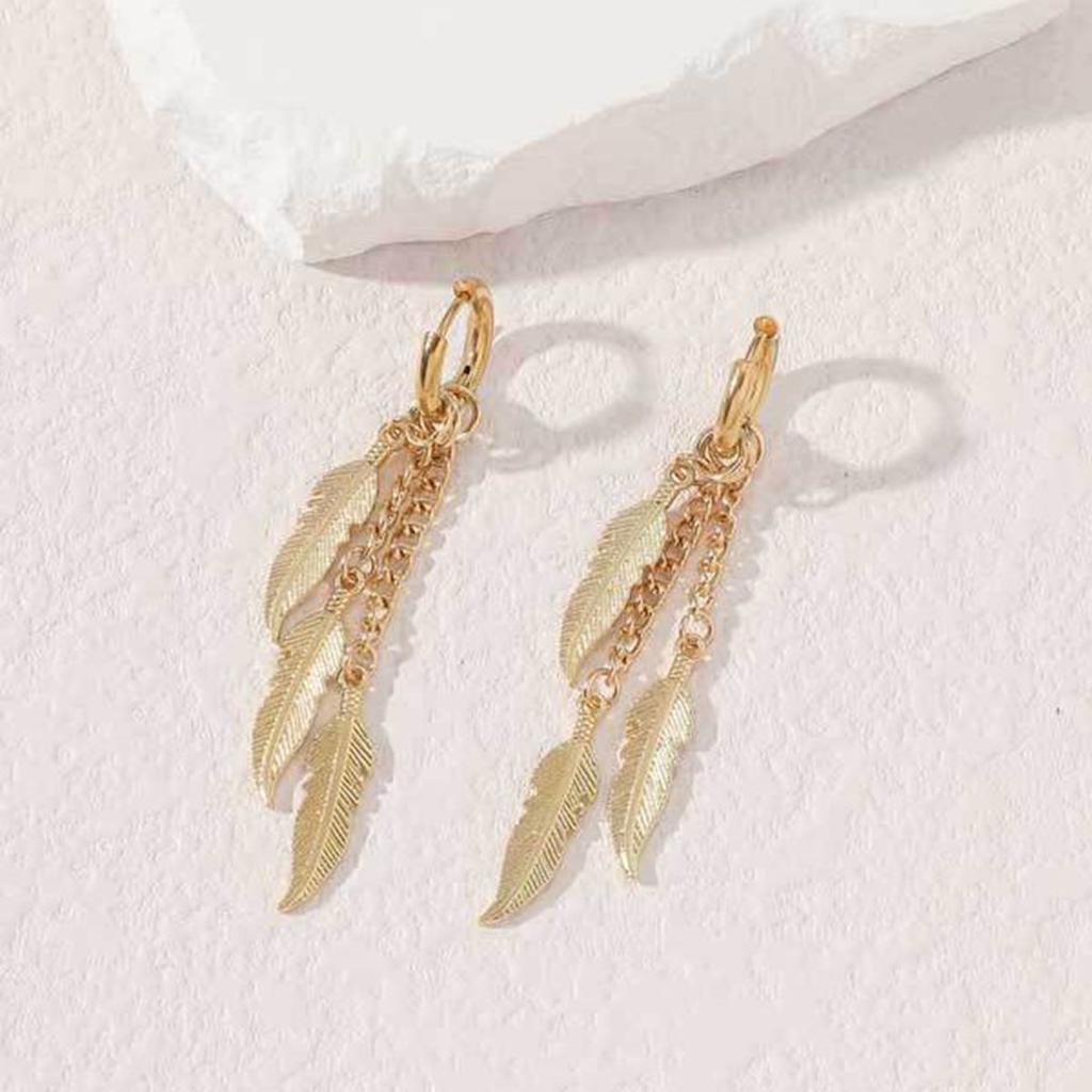 2pc Punk Colored Stainless Steel Feather Earrings, Leaf Chain Earrings, Long Earrings, Suitable For Women's Gatherings
