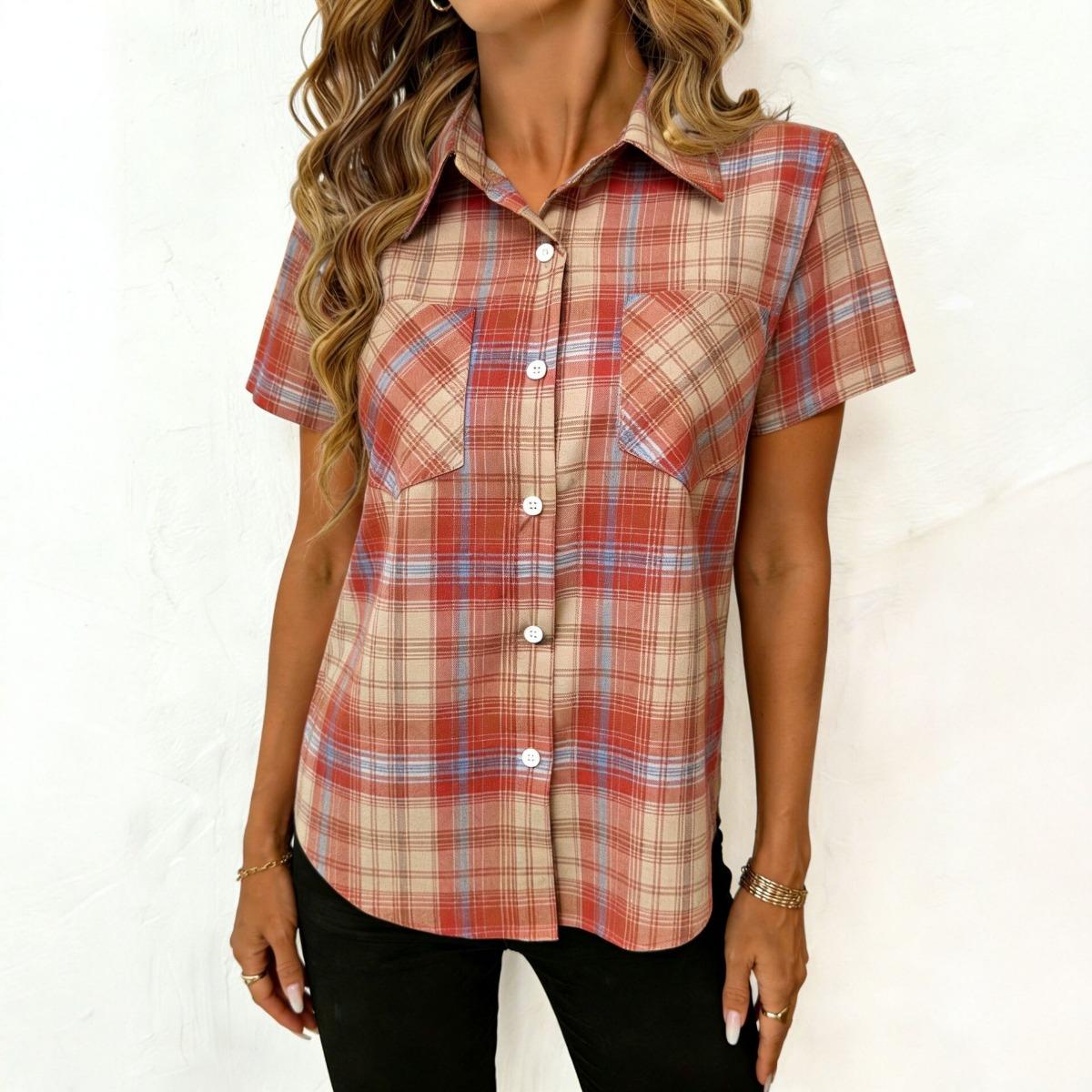 Women s Summer Thin Loose Casual Shirt Lapel Double Pockets Blouse Top S