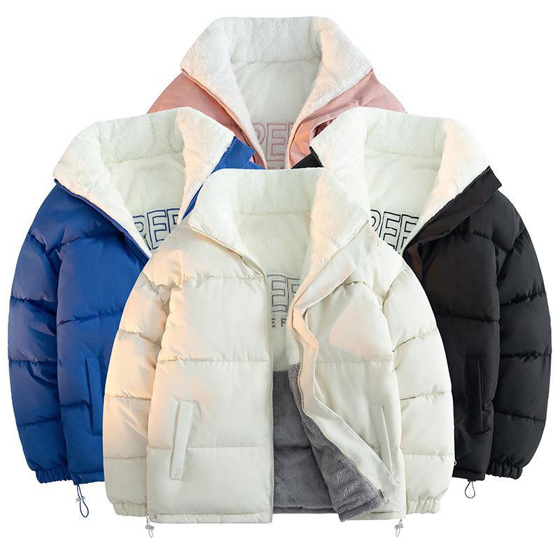 Herre vinterjakke med stående krage i bomull med lammefleece-fôr - avslappet, tykkere stil for par