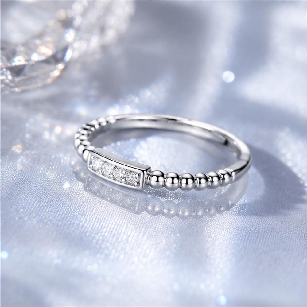 Elegant S925 Sterling Silver Minimalist Adjustable Ring with Diamonds and Round Beads - Women's Light Luxury Accessory.