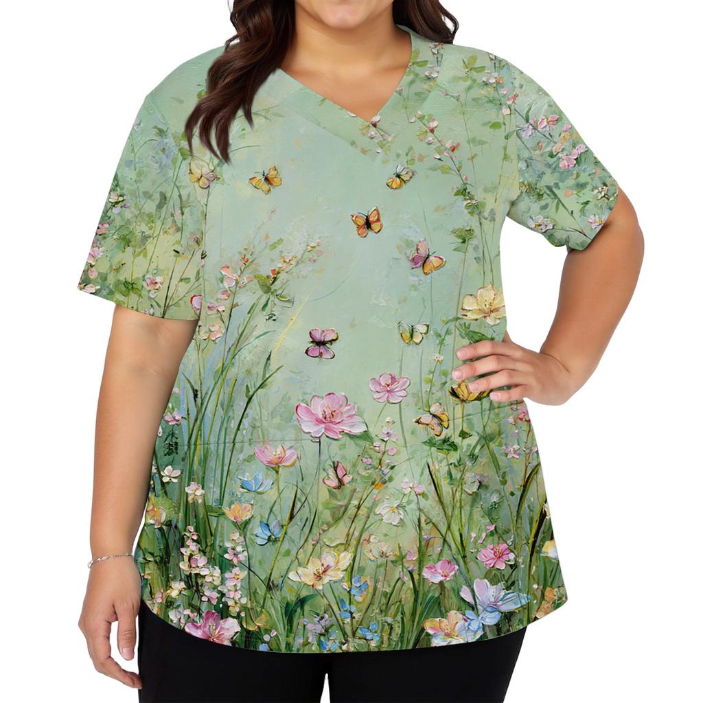 Modisches Damen-Arbeitsoberteil mit V-Ausschnitt und kurzen Ärmeln, mit doppelseitigen Schlitzen und Taschen, mit einem Retro-Blumendruck.