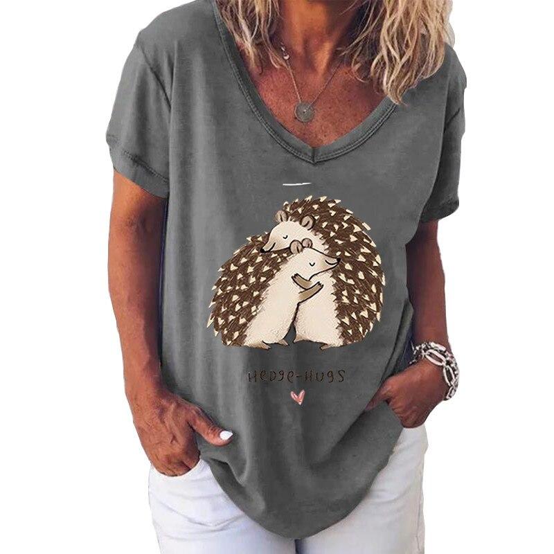 

Fashion Spring Hedgehog Print Blouses Short Sleeved V-Neck T Shirts Casual XS синий