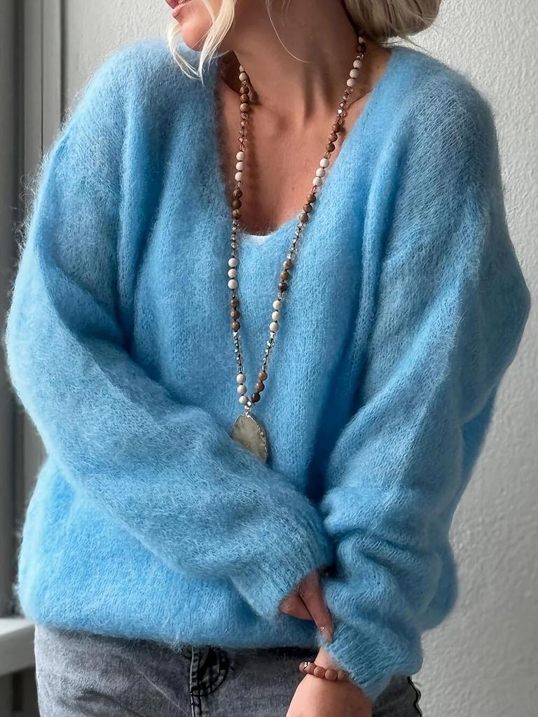 2025 Autumn/Winter Women's Soft V-neck Long-sleeve Knit Sweater - Solid Color, Loose Fit, Lazy Style