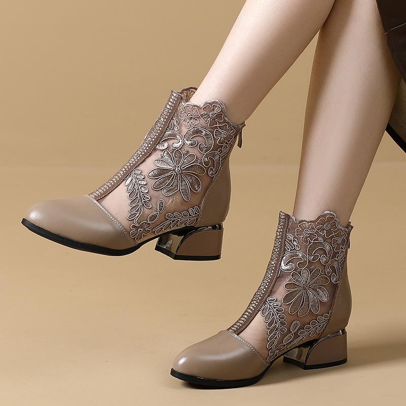 Fashion GKTINOO Women's Shoes Lace Genuine Cow Leather Spring Summer Fashion Boots Thick Heel Round Toe Ankle Boots Shoe Plus Size 35-43