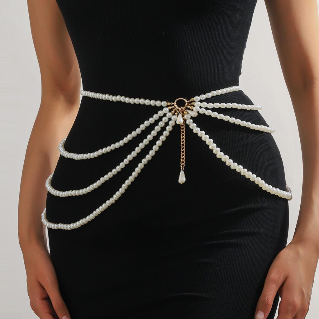European and American Accessories New Metal Multi-layer Pearl Waist Chain Women's High-end Belt with Skirt Beaded Body Chain