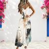 Women Plus Size White V Neck Strappy Sleeveless Printed A Line Long Dress