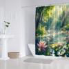 Serene Sunlit Forest Pond Shower Curtain Lotus Flowers Green Foliage Clear Water Polyester Washable With Hooks Bathroom Decor