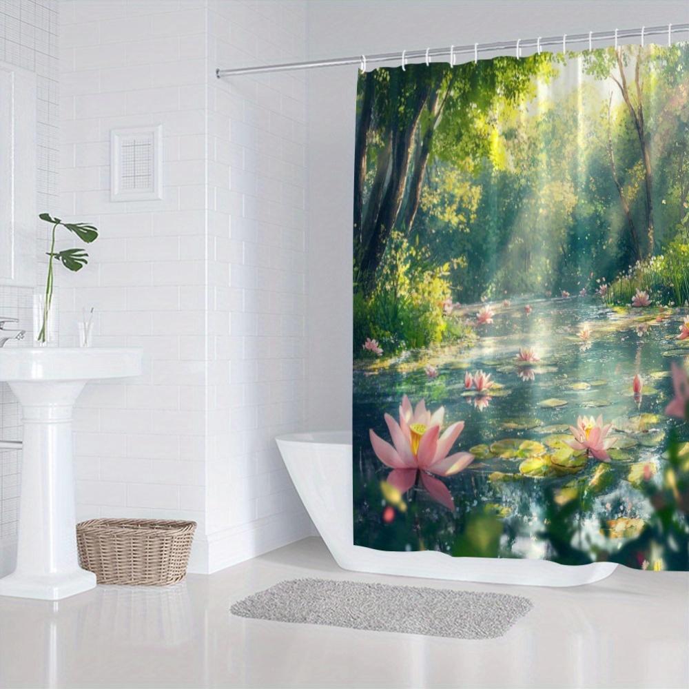 Serene Sunlit Forest Pond Shower Curtain Lotus Flowers Green Foliage Clear Water Polyester Washable With Hooks Bathroom Decor