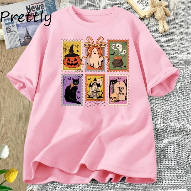 Retro Halloween Cat Ghost T Shirt Girly Halloween Fall Spooky Season Tshirt Pumpkin Spooky Mama Tshirt Casual Short Sleeve