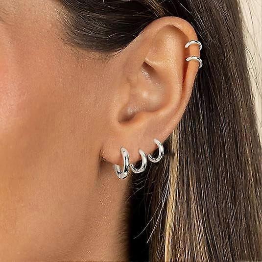 7 Paia di Orecchini in Acciaio Inossidabile 316L Orecchini a Cerchio Piccoli da Uomo Orecchini a Cerchio Placcati Oro 14K per Uomo Donna, Argento