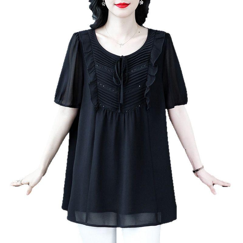 Summer Short Sleeve Pleated Chiffon Shirt - Plus Size, Casual, Loose Fit Women's Apparel