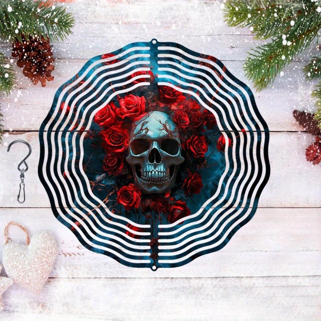 Kaijit - 1pc Mandala Inspired 2D Rose Skull Pattern Wind Spinning Wind Chime, Garden & Patio Decoration - Metal Hanging Ornament, No Battery Required