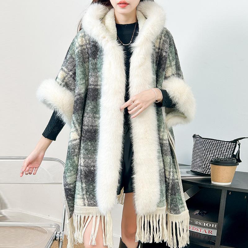 Cloak Shawl Wool Jacket Women'S Winter Hooded Medium Long Fleece Thickened Versatile Plaid Fringed Cloak Coat