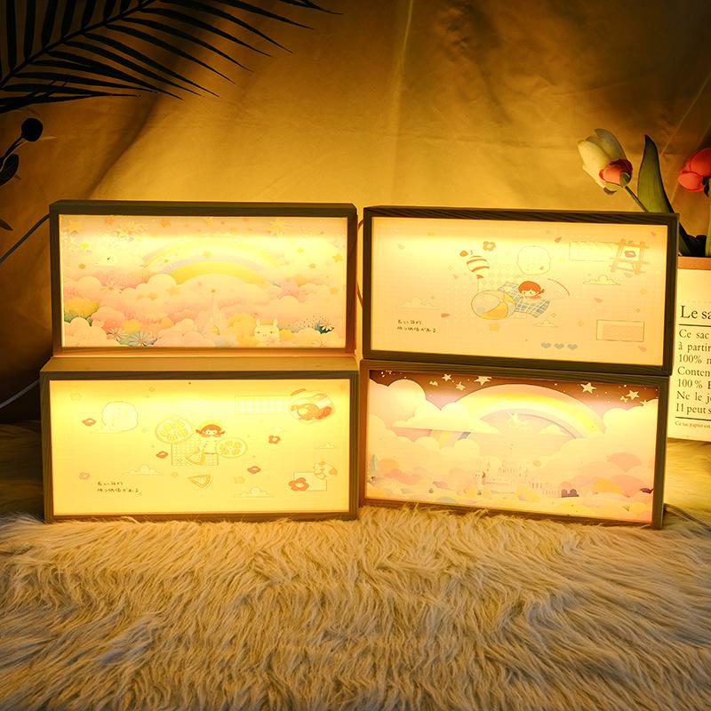 Creative Cartoon Wooden Frame Night Light - Bedroom Bedside Lamp with Acrylic Ornament