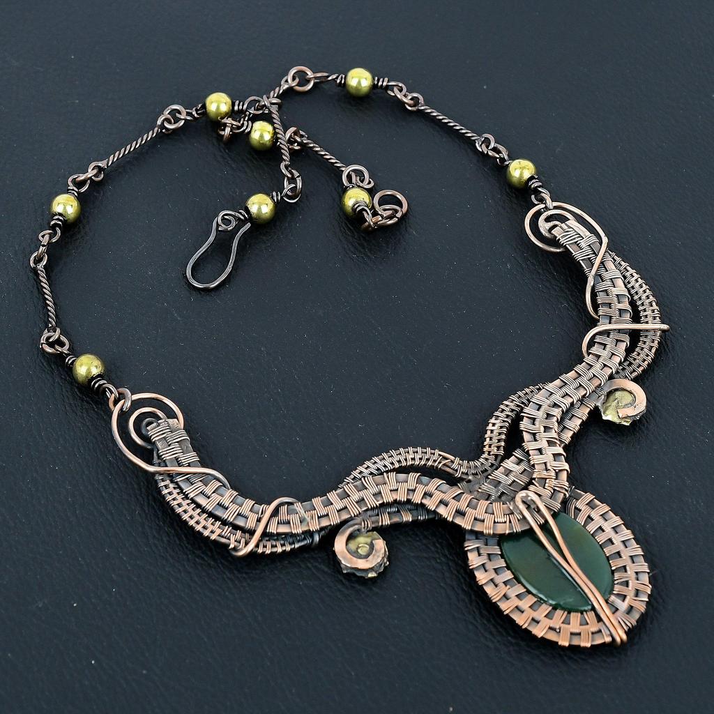 Green Jade Selenite Gemstone Handmade Necklace, 999 Copper Wire Wrapped Adjustable Chain Necklace Dainty Jewelry For Memorial Day