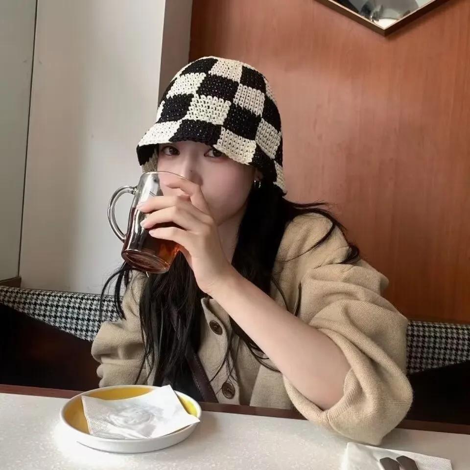 My Extreme Outdoor Activities Women's Camel Summer Simple Plaid Handmade Crochet Bucket Hat For Outdoor Sunshade Breathable Checker Board Paper Straw Fisherman Cap 56-58Cm