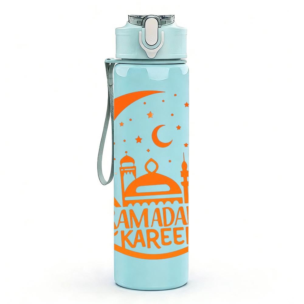 1PC Ramadan Orange Crescent Moon Print 750ml Color Plastic Water Bottle Leakproof Flip Straw Lid For Sports Office Home Use