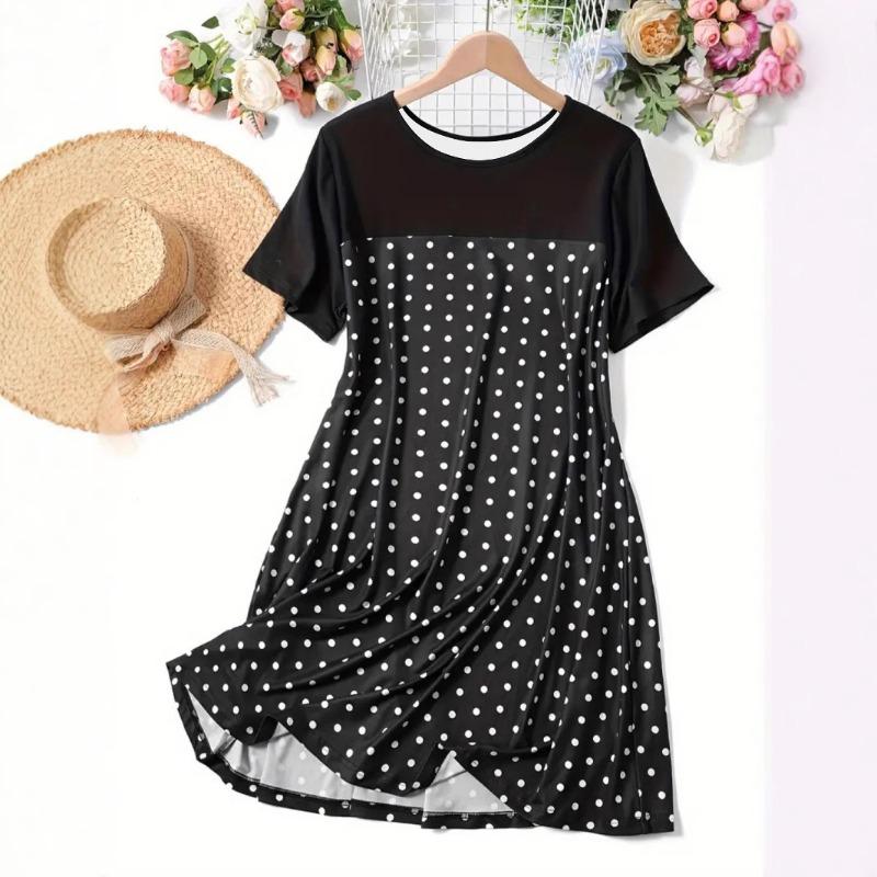 Spring Summer Polka Dot Round Neck Short Sleeved Sleeping Skirt Comfortable Dress for Women