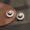 Light luxury high-end micro-inlaid zircon flower holder two-color pearl stud earrings with elegant golden pearl 925 silver needle earrings