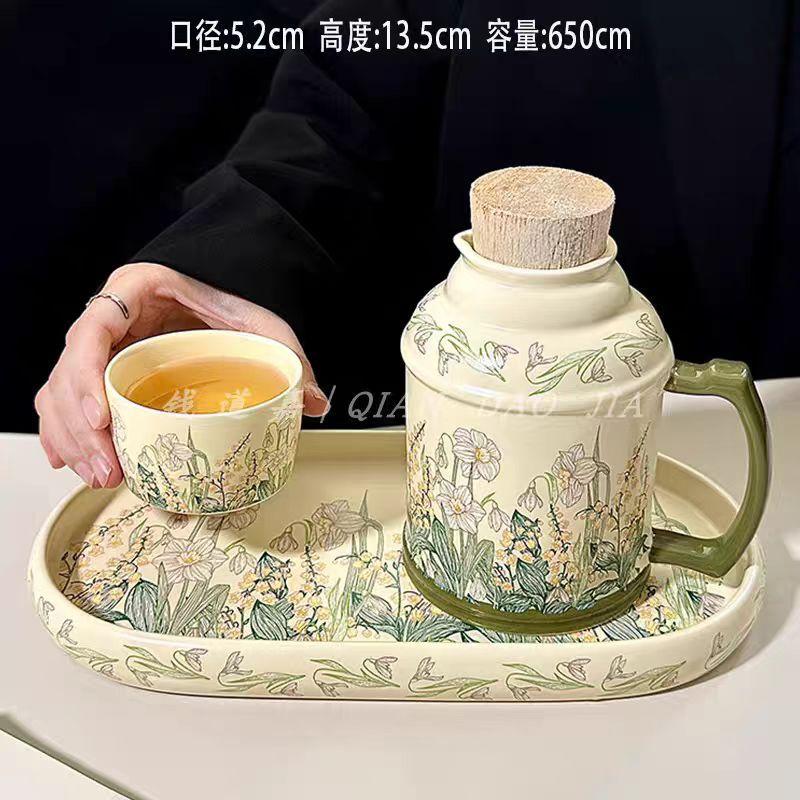 Retro Design Wind Chimes Flower Kettle Cup Set, Afternoon Tea Ceramic Cup, High-End Sense, Large-Capacity Teacup With Lid