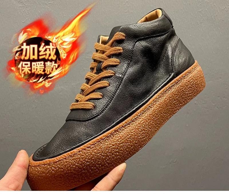 

2026 New Men s Fleece Lined High Top Shoes, Retro Leather Work Boots with Chunky Sole, All-Day Comfort Winter Casual Sneakers 38